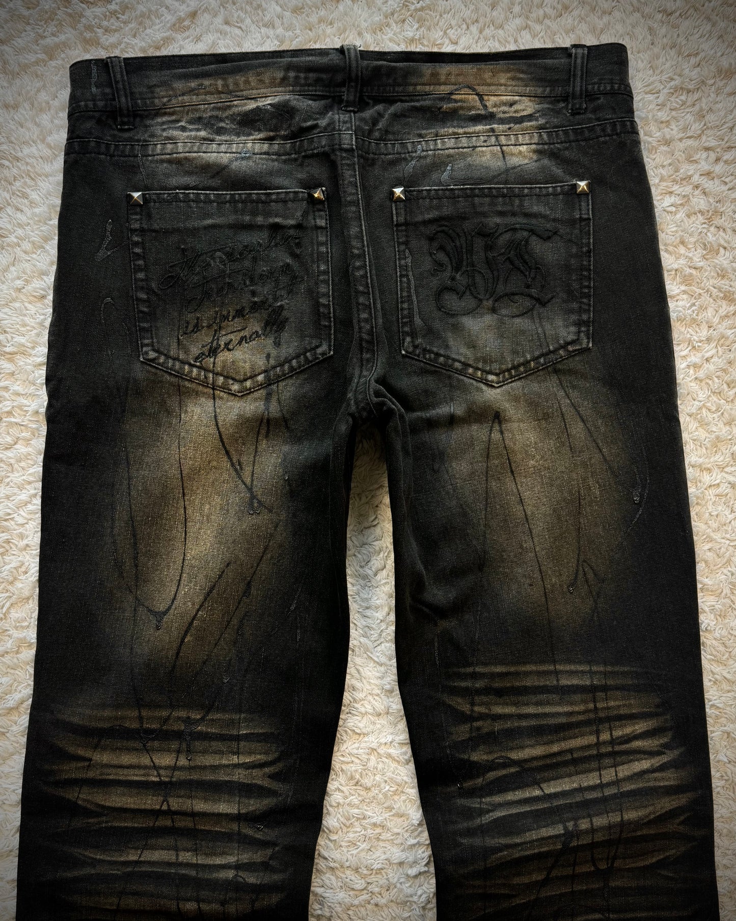 Xfrm Whiskered Paint Splatter Studded Bootcut Jeans