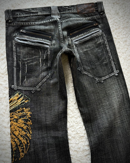 Tornado Mart Tribe Skull Embroidery Flared Jeans