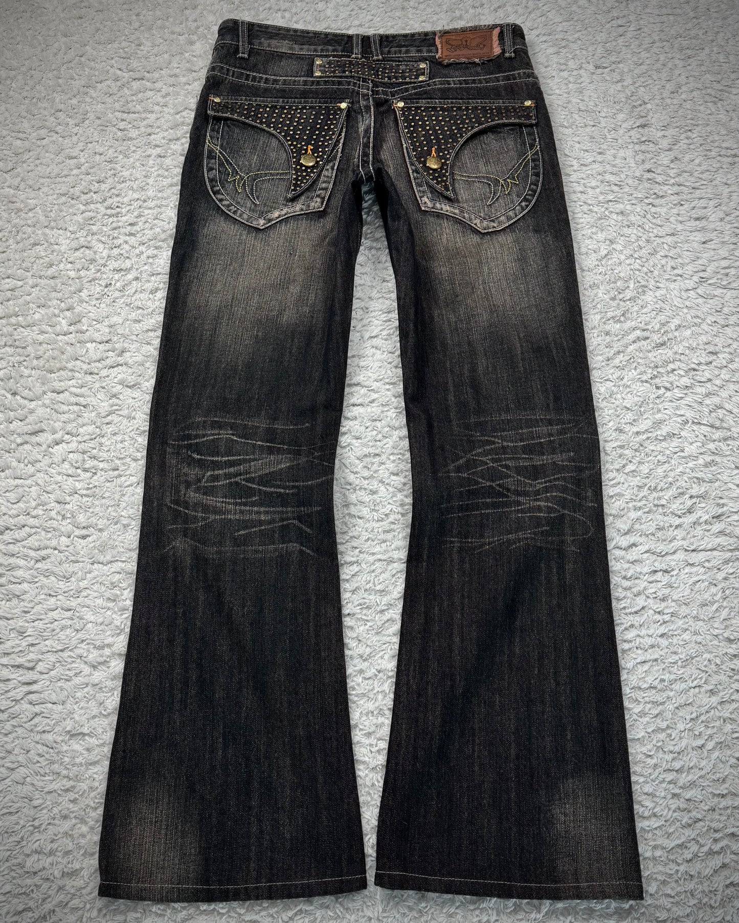 Snuff Studded Flap Pockets Flared Jeans