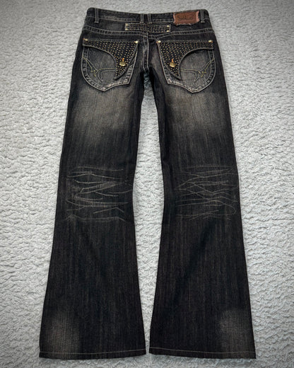 Snuff Studded Flap Pockets Flared Jeans