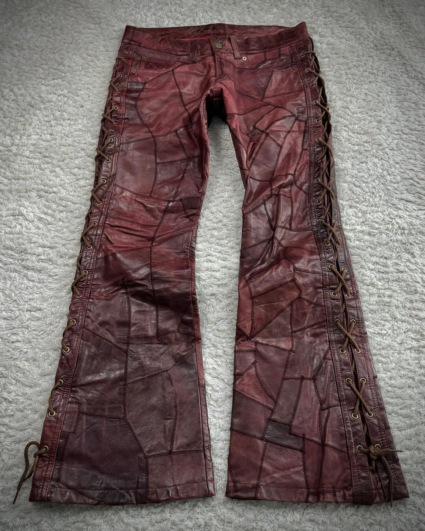 Tornado Mart Oxblood Scar Stitched Leather Patchwork Lace Up Flared Pants