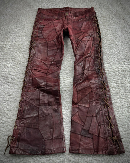 Tornado Mart Oxblood Scar Stitched Leather Patchwork Lace Up Flared Pants