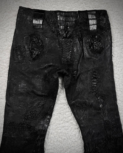 1vfudie “Noir” Scar Stitched Crocodile Leather Bell Bottom Flared Pants