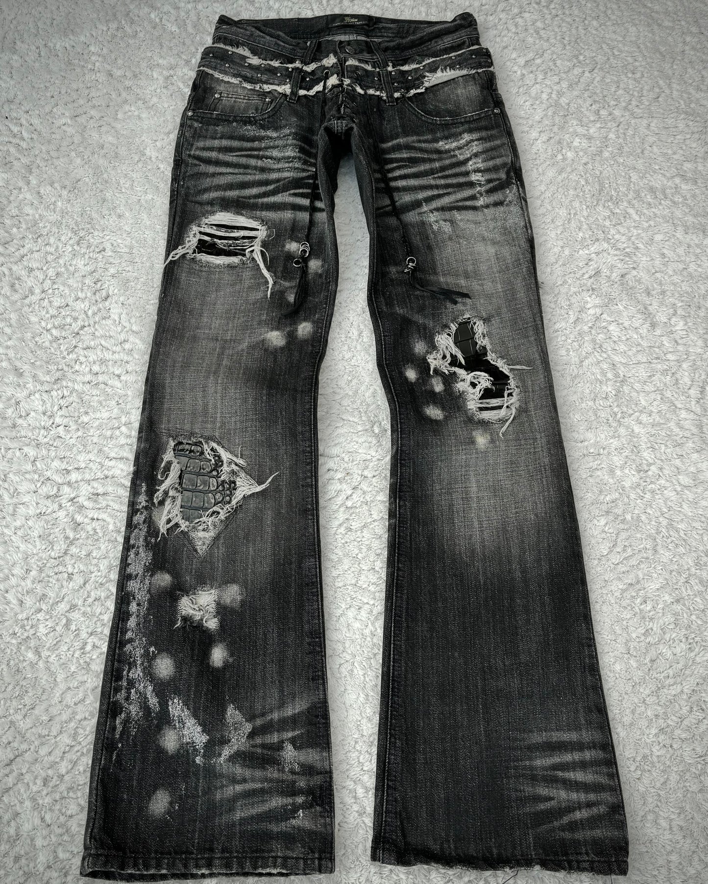 Midas Croc Repaired Silver Waxed Lace Up Bootcut Jeans