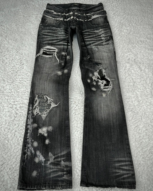 Midas Croc Repaired Silver Waxed Lace Up Bootcut Jeans