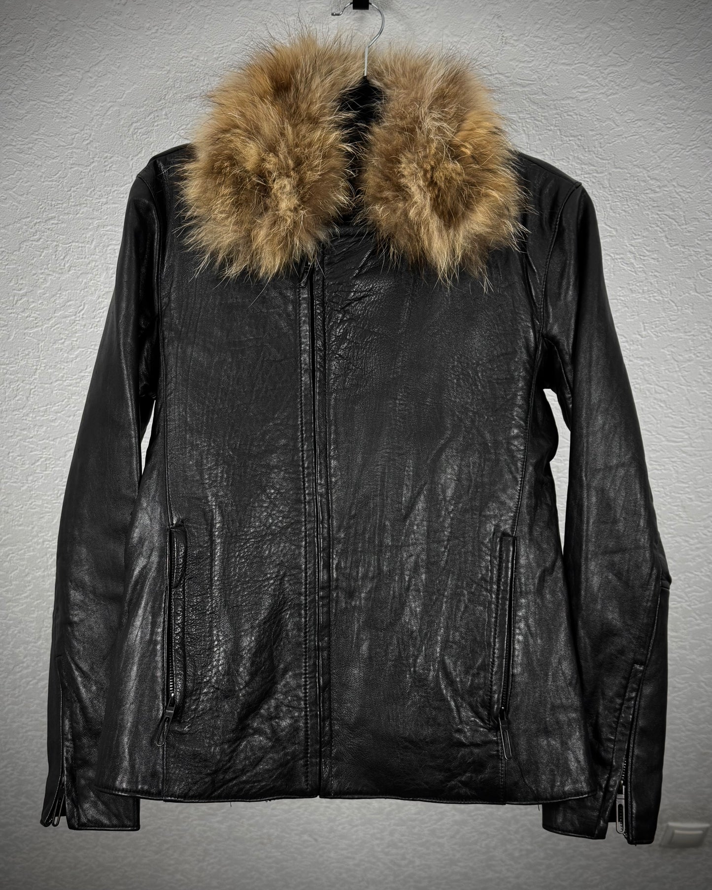 Otani Hikaku Fur Collar Textured Leather Jacket