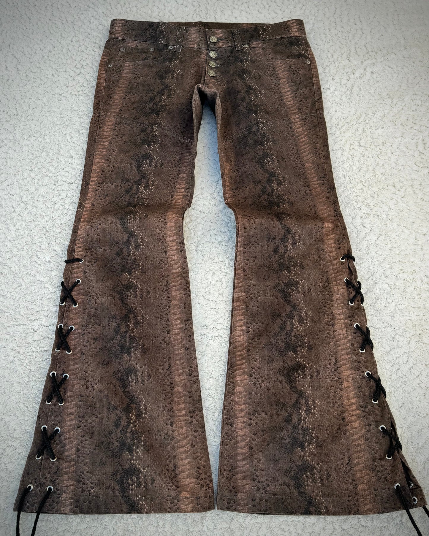 Tornado Mart Python Pattern Lace Up Flared Pants