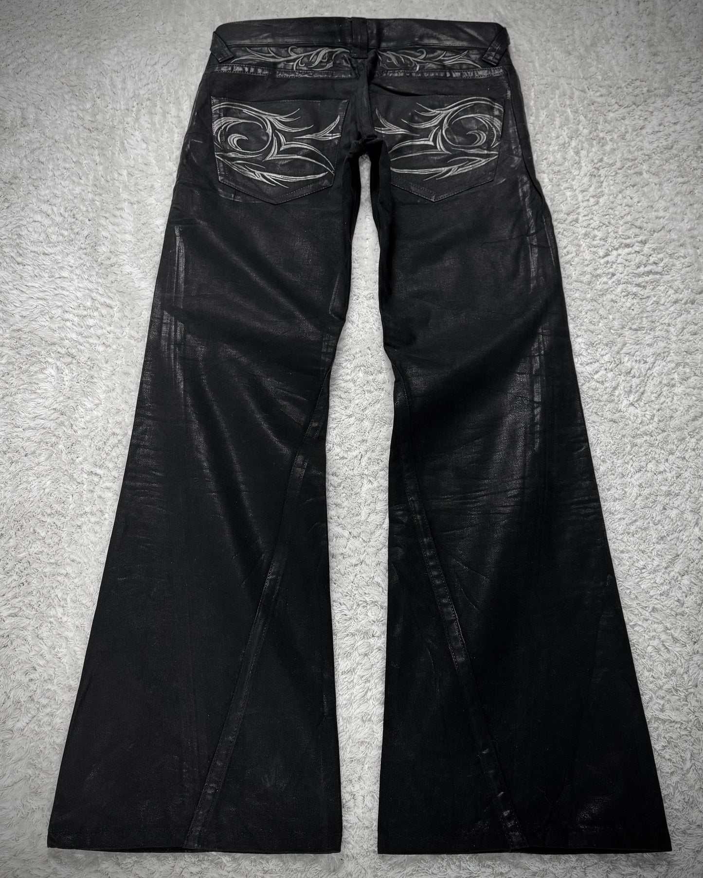 Tornado Mart Xray Waxed Tribal Embroidery Flared Jeans