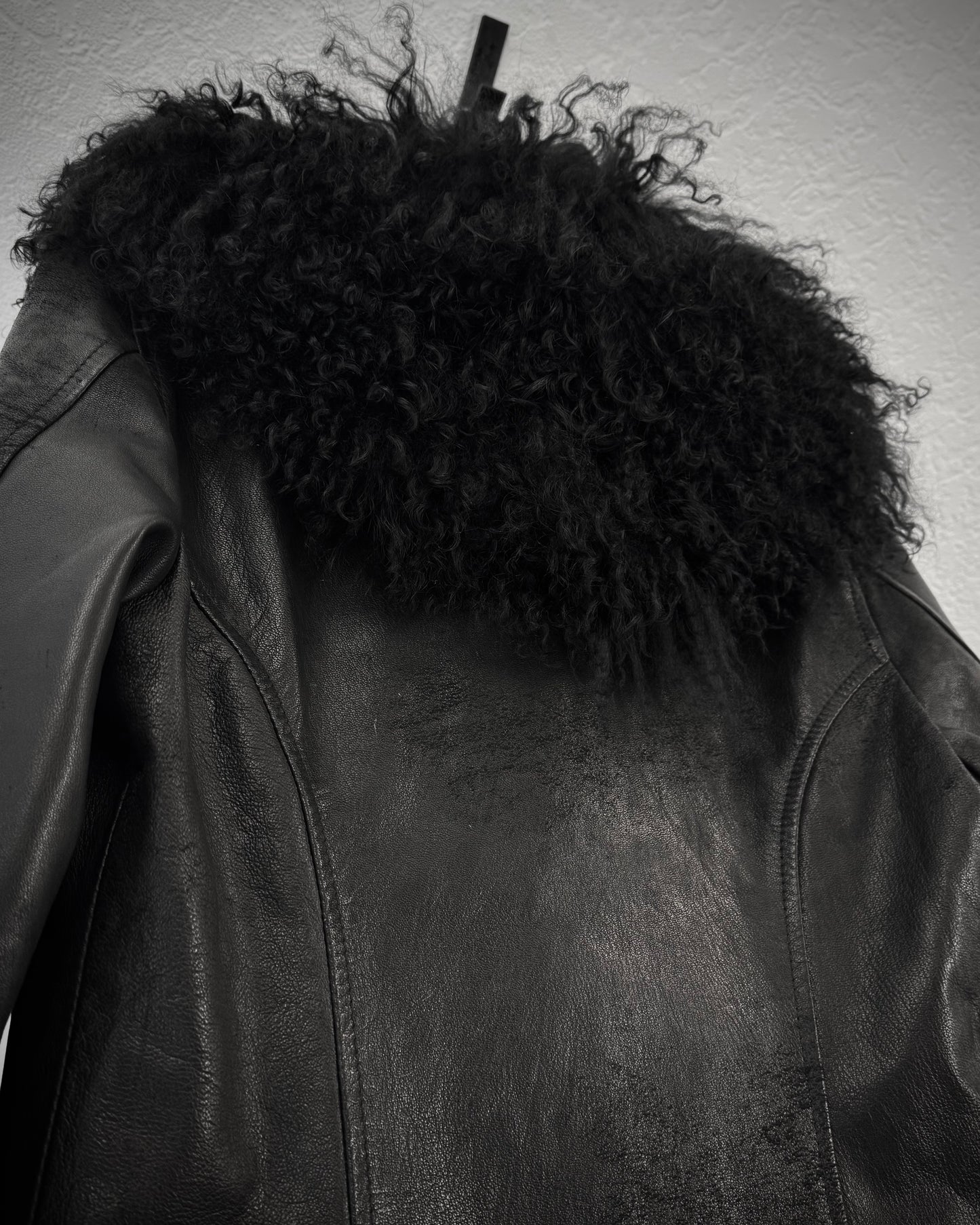 14th Addiction Mouton Fur Cross Zip Leather Jacket