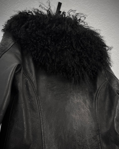 14th Addiction Mouton Fur Cross Zip Leather Jacket