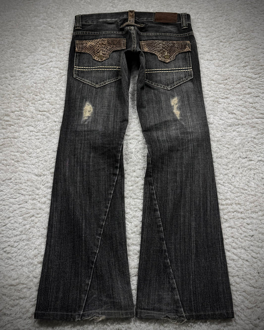 Tornado Mart Python Detailed Distressed Spiral Flared Jeans