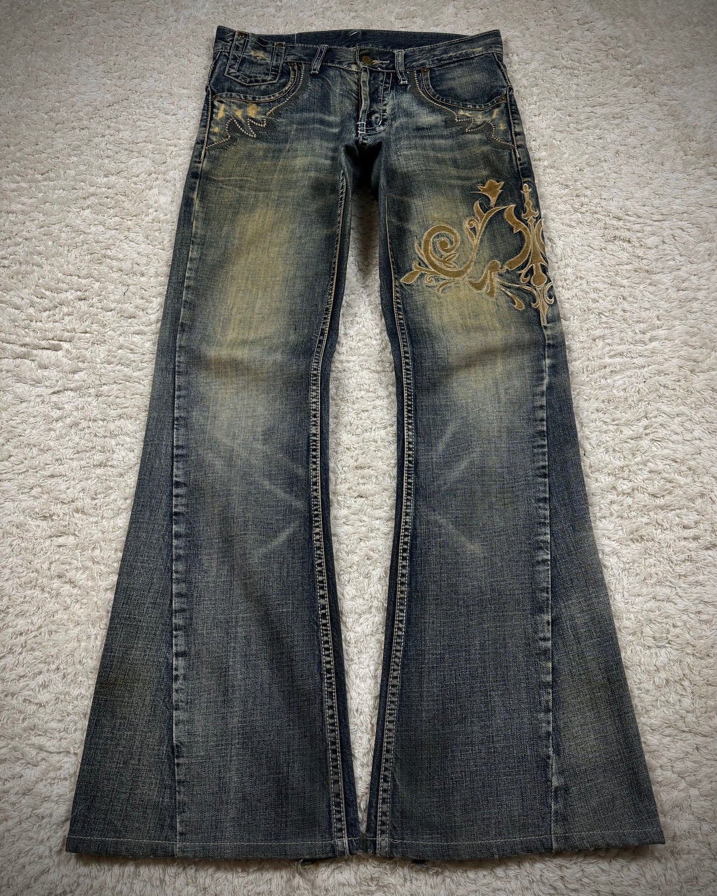 Tornado Mart Mud Washed Tribal Embroidery Flared Jeans