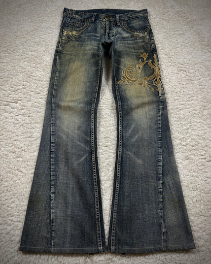 Tornado Mart Mud Washed Tribal Embroidery Flared Jeans