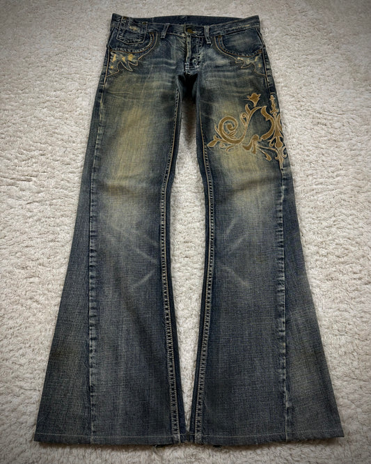 Tornado Mart Mud Washed Tribal Embroidery Flared Jeans
