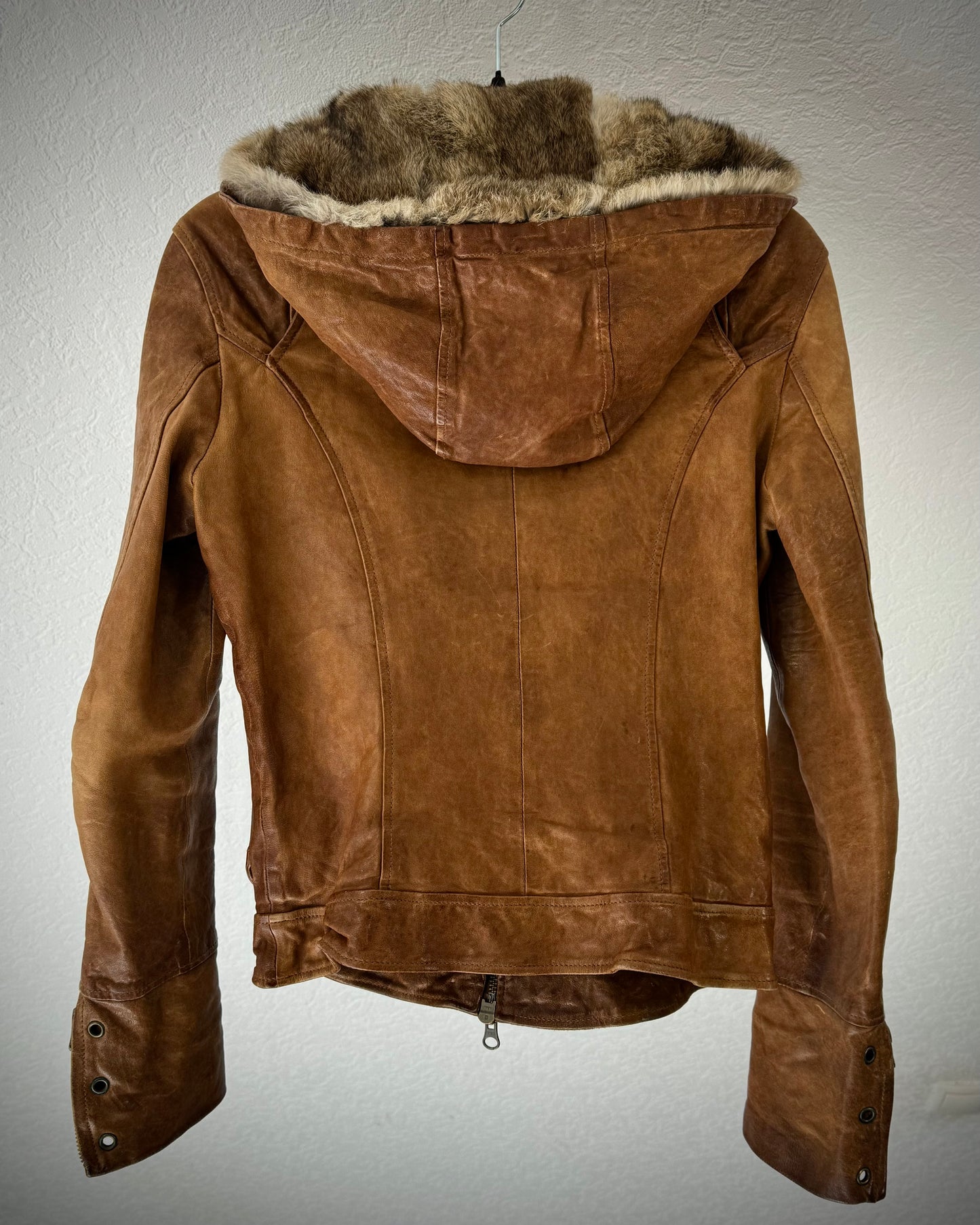 Scot Club Rabbit Fur Hooded Leather Jacket