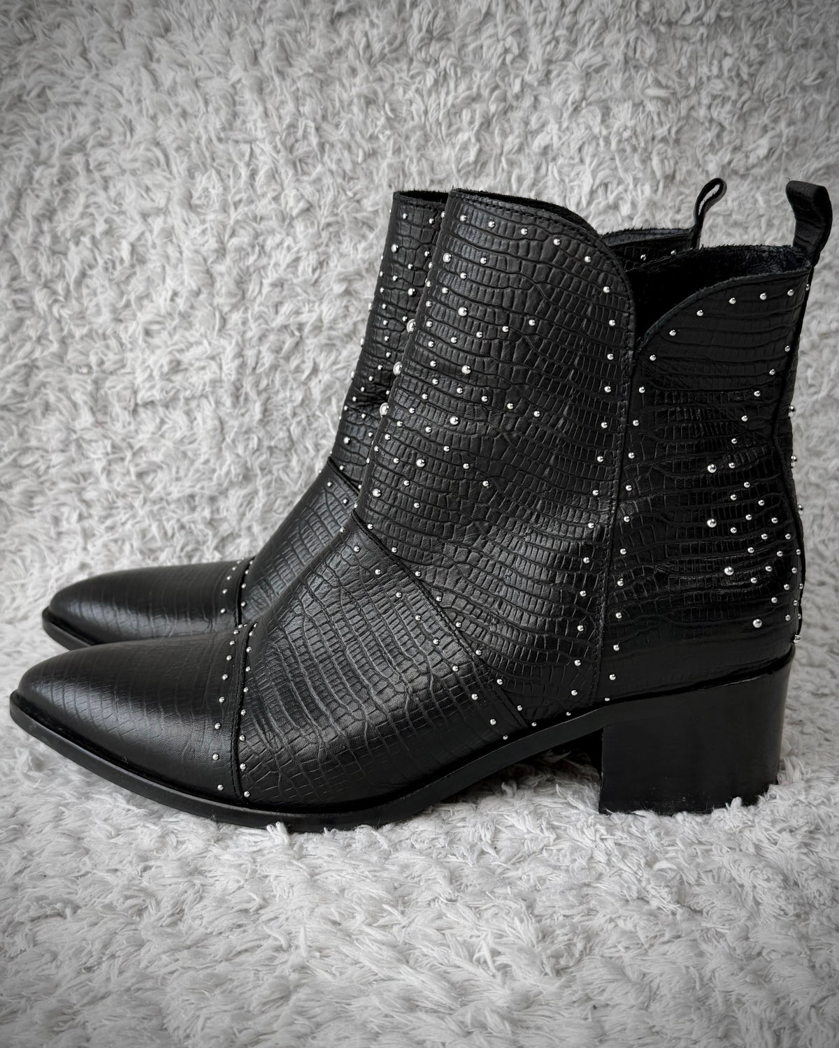 Sacha Reptile Textured Studded Leather Boots