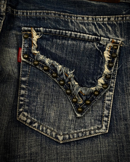 Tornado Mart Spiral Fringed Studded Flared Jeans