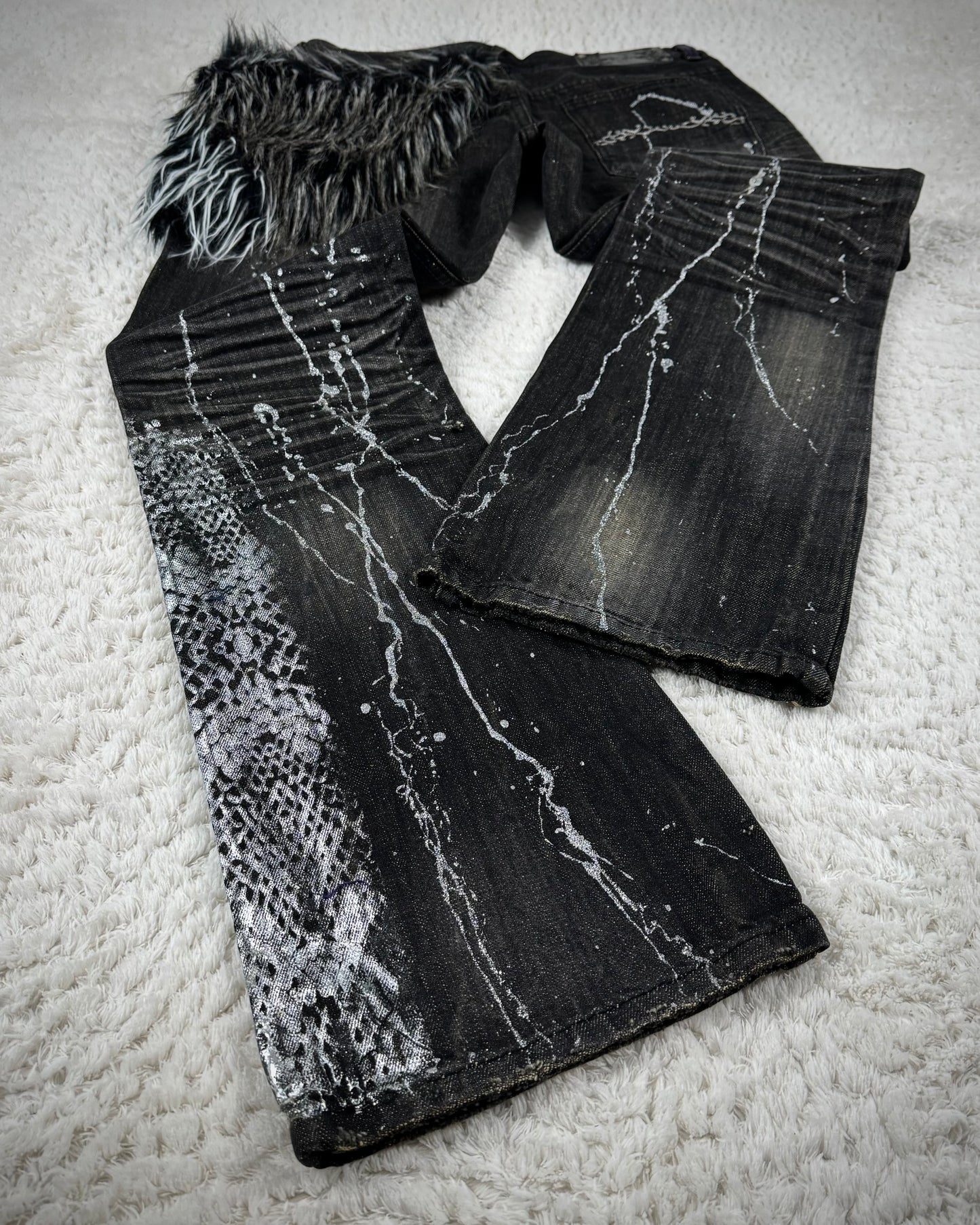 Midas Silver Python Waxed Fur Attachment Bootcut Jeans
