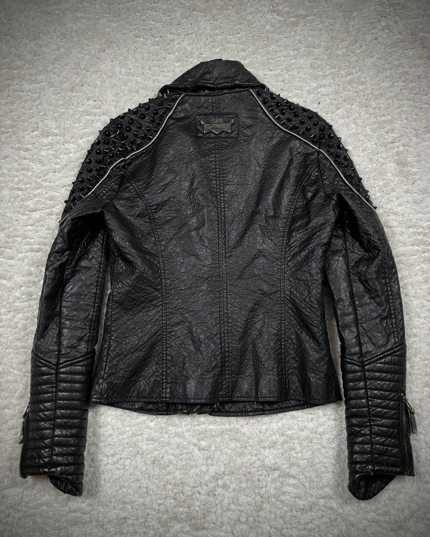 Affliction Spike Studded Metal Badge Leather Jacket