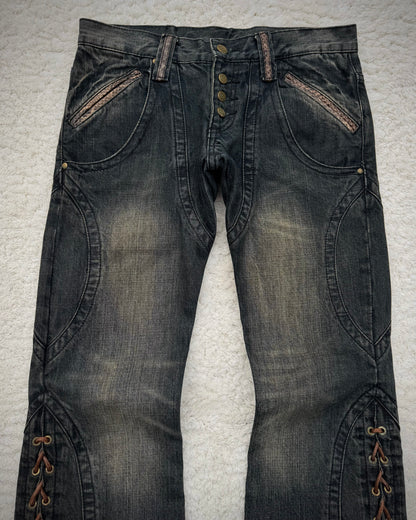 Tornado Mart Mud Washed Python Detailed Lace Up Flared Jeans