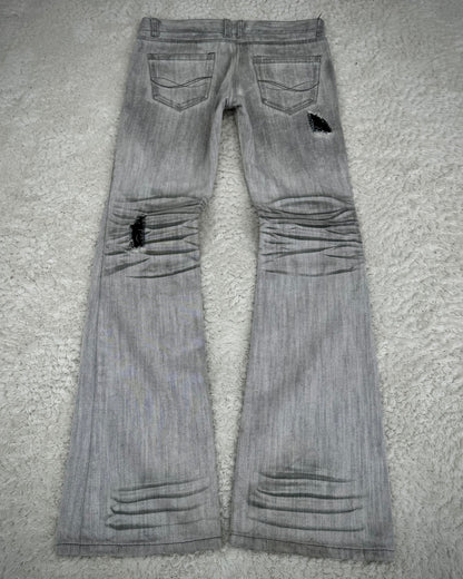 CavariA Ash Claw Marks Washed Distressed Flared Jeans