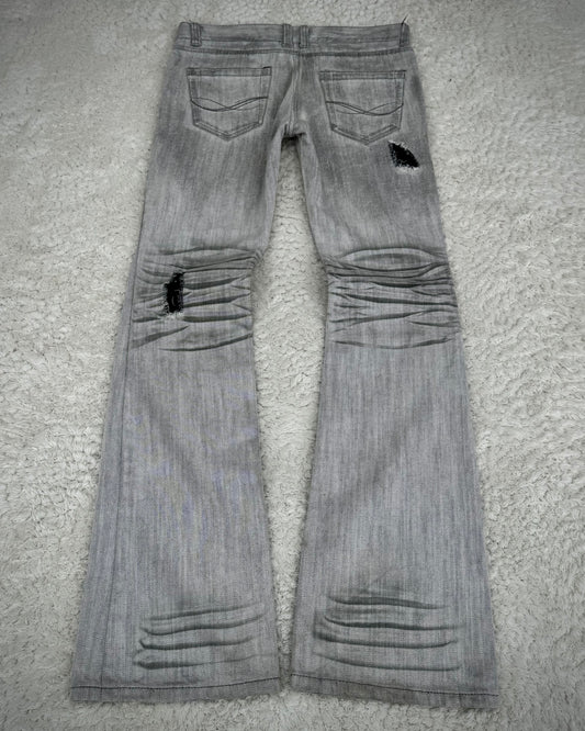 CavariA Ash Claw Marks Washed Distressed Flared Jeans