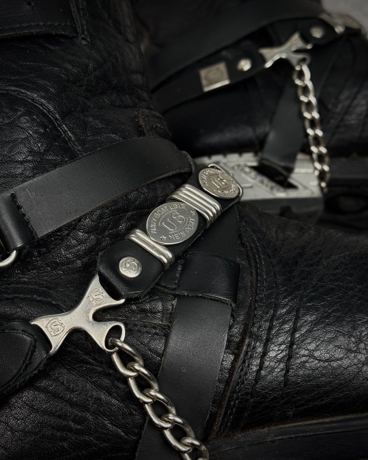 New Rock Chained Belted Steel Heel Leather Boots