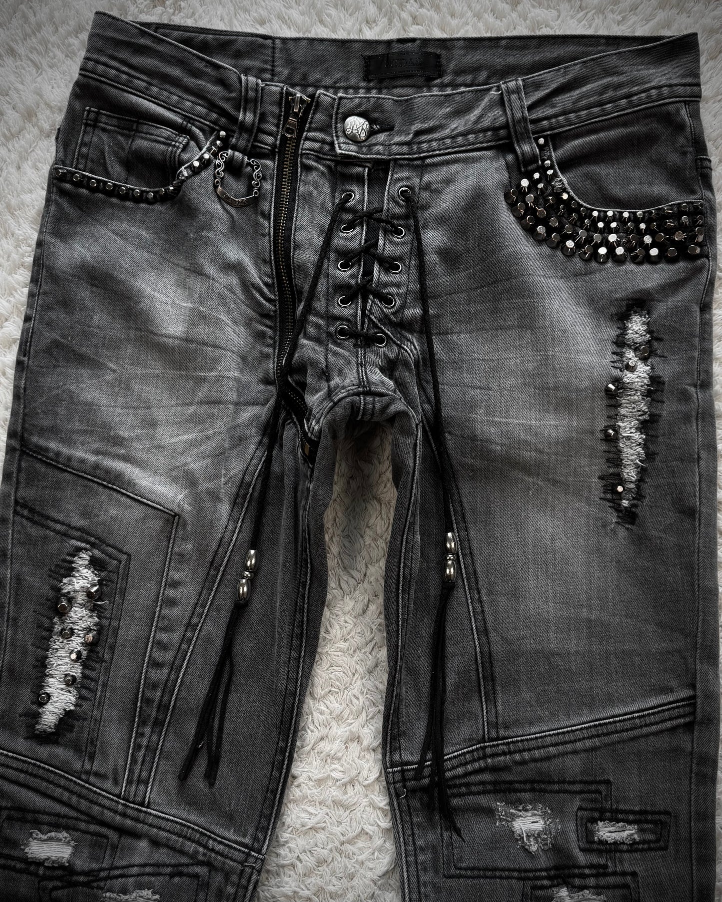 Midas Lace Up Studded Distressing Flared Jeans