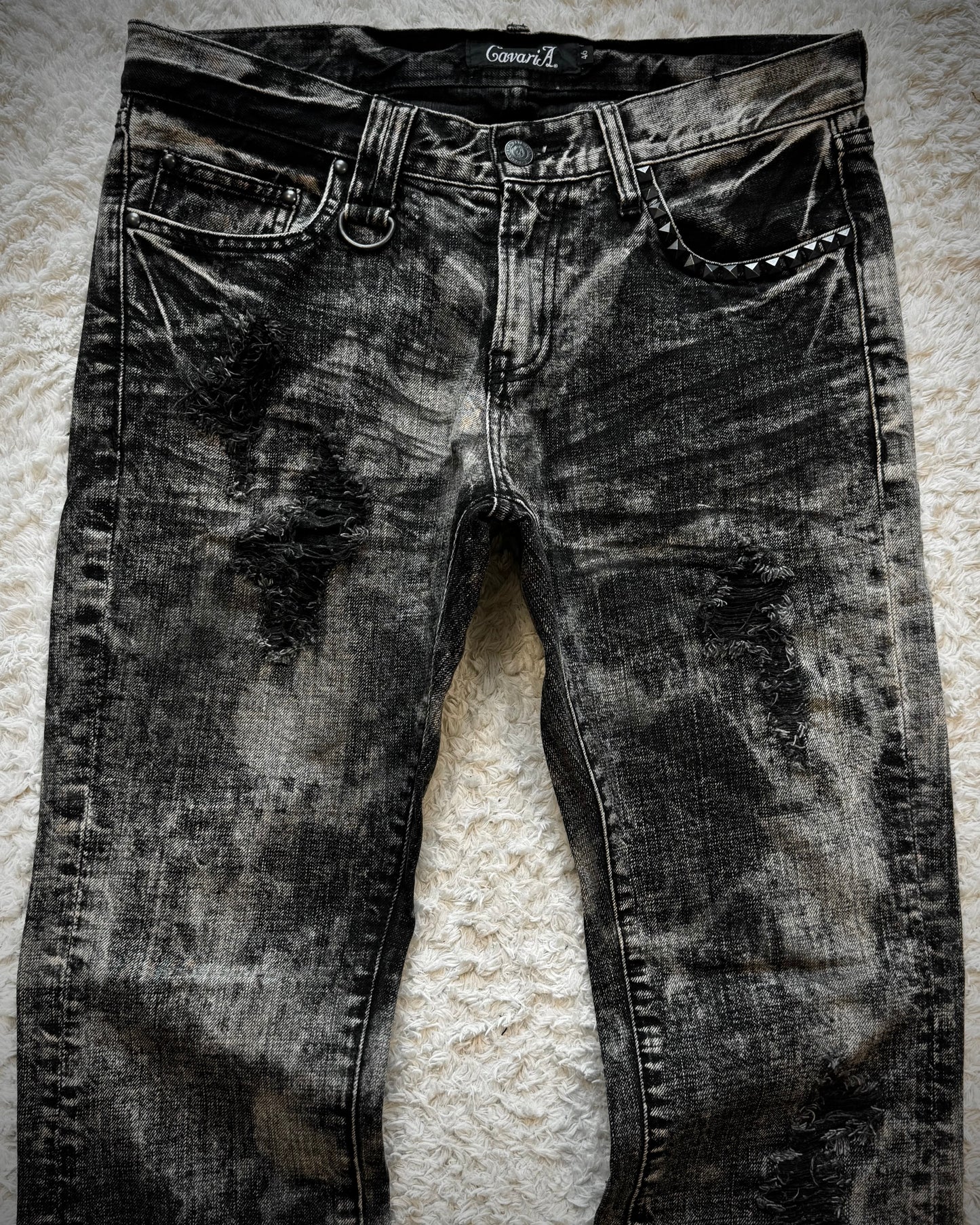 CavariA Ash Clawmarks Washed Studded Flared Jeans