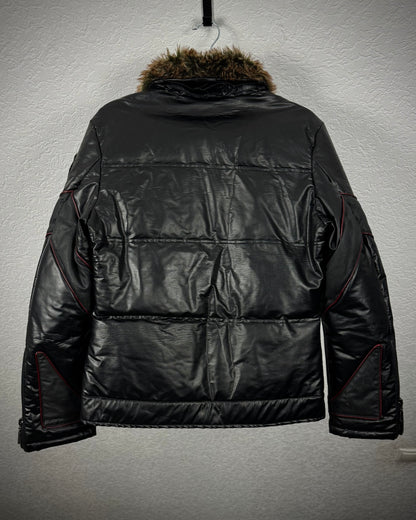 Point Chary Fur Collar Leather Light Puffer Jacket