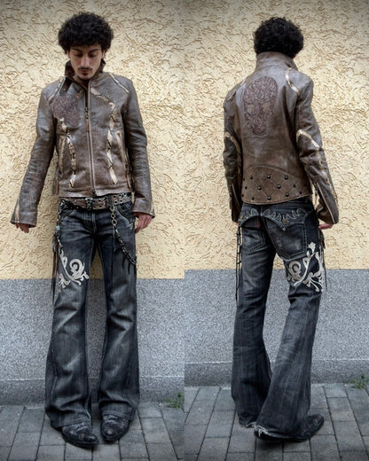 Tornado Mart Tribal Embroidery Spiral Flared Jeans
