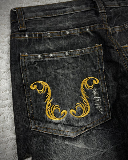 K.U.I Tribal Embroidery Distressed Bootcut Jeans