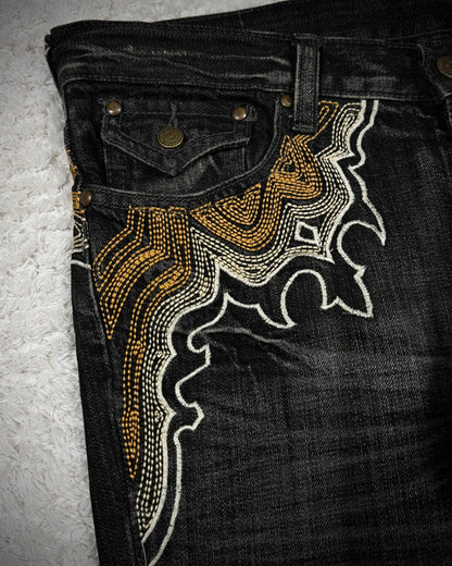 Tornado Mart Cyber Tribal Embroidery Flared Jeans