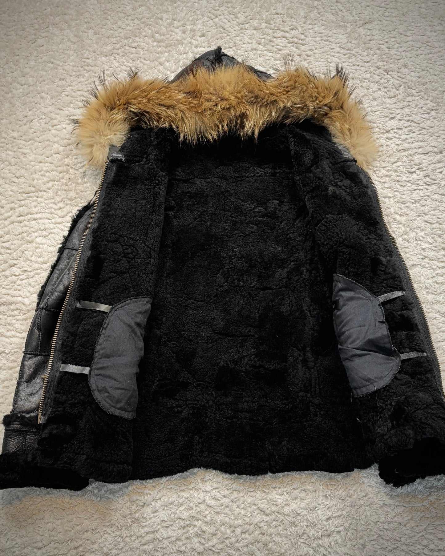 Royal Flash Fur Hood Leather Patchwork Jacket