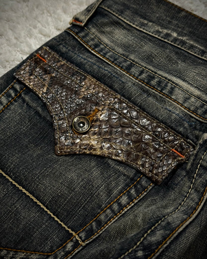Semantic Design Python Flaps Mud Washed Spiral Flared Jeans