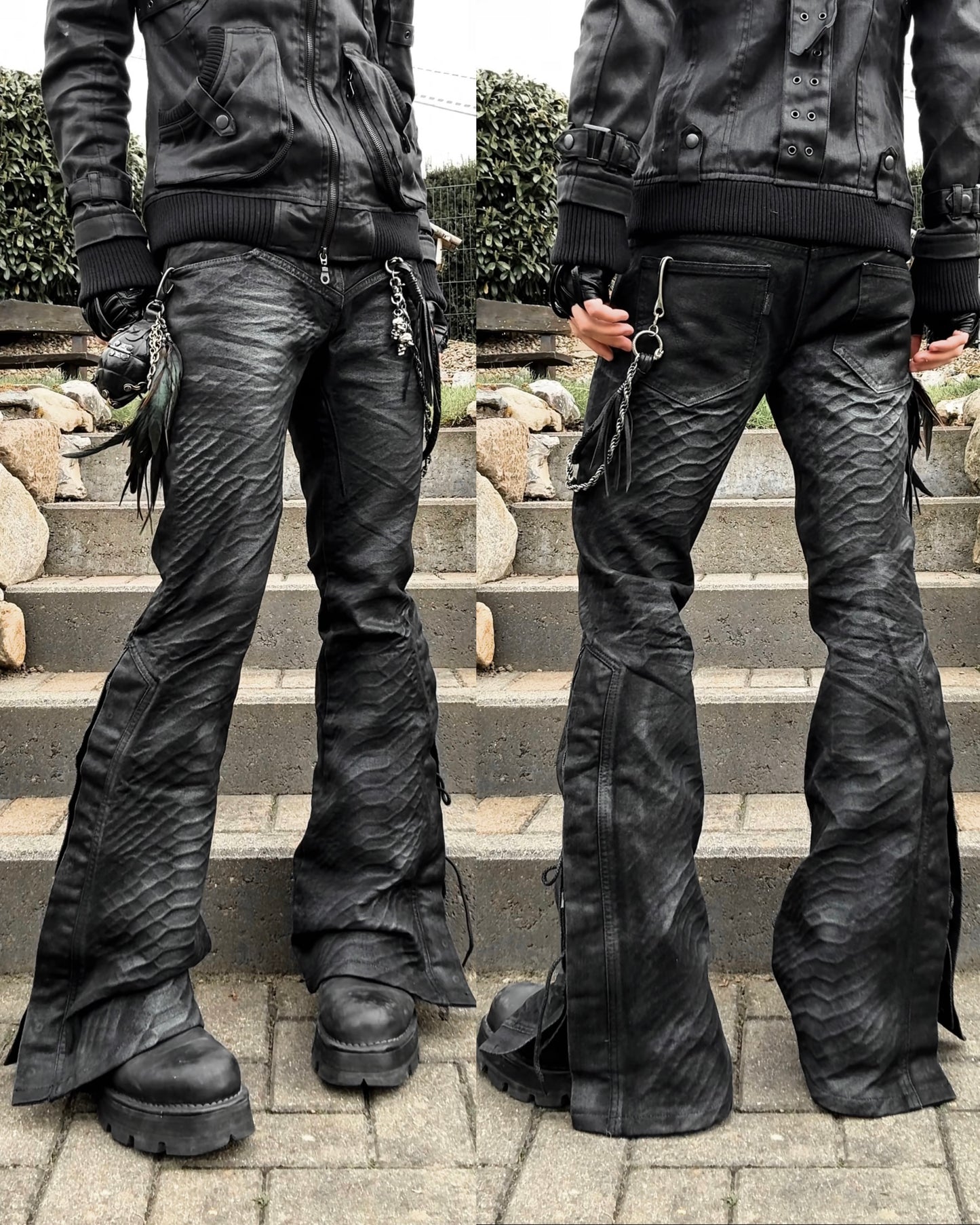Tornado Mart Oil Coated Python Pattern Lace Up Flared Jeans