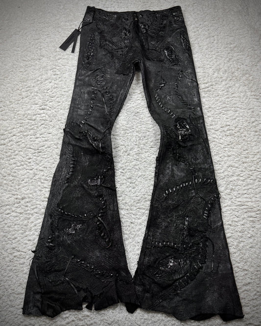 1vfudie “Noir” Scar Stitched Crocodile Leather Bell Bottom Flared Pants