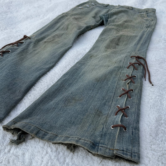 Tornado Mart Mud Washed Lace-Up Flared Jeans