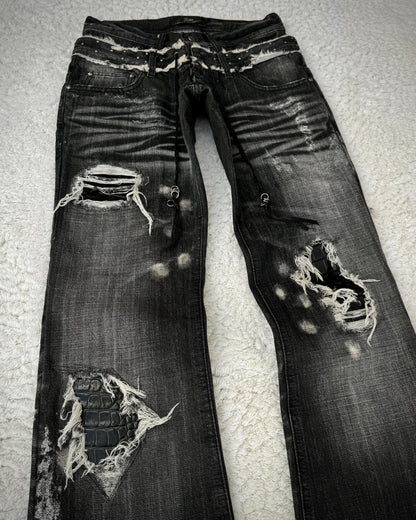 Midas Croc Repaired Silver Waxed Lace Up Bootcut Jeans