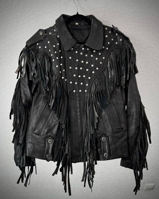 Vintage Fringed Leather Studded Cowboy Jacket