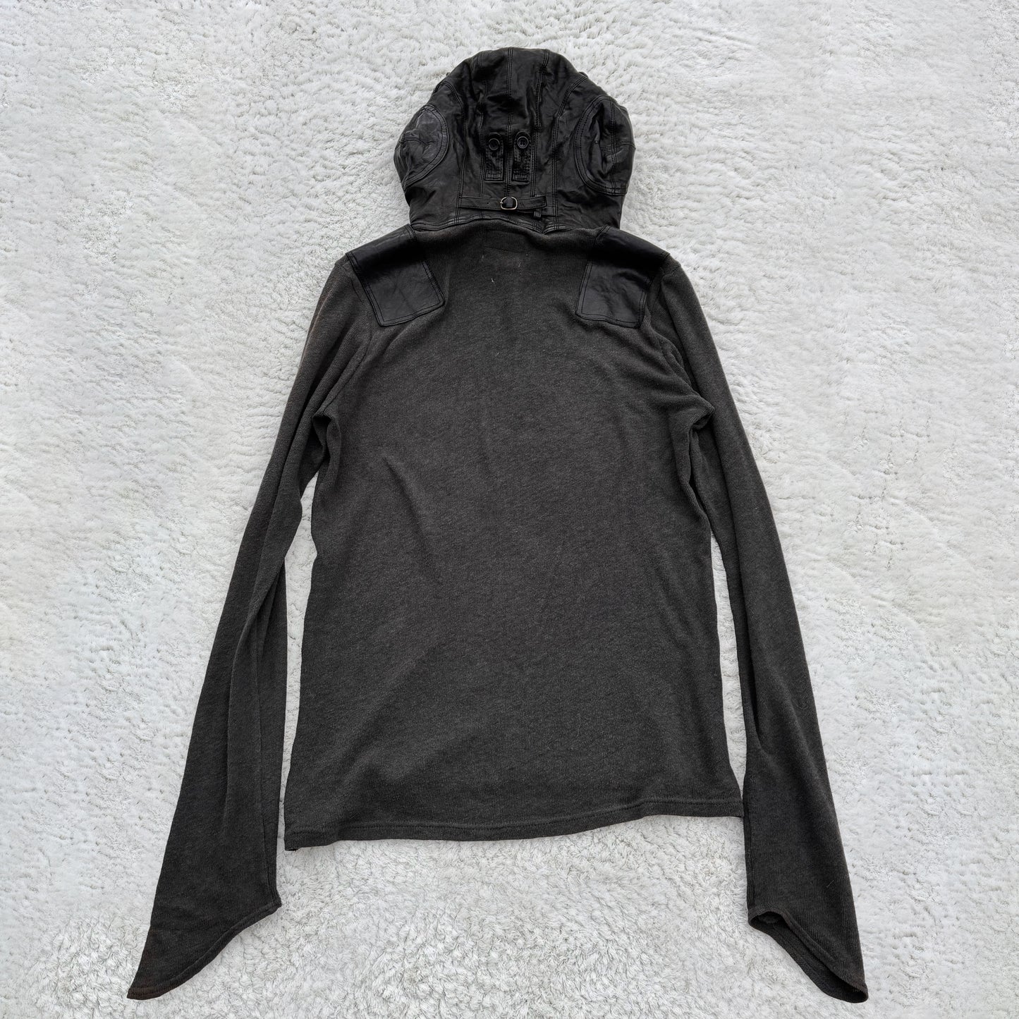 Share Spirit Leather Hood Ribbed Button Up Hoodie