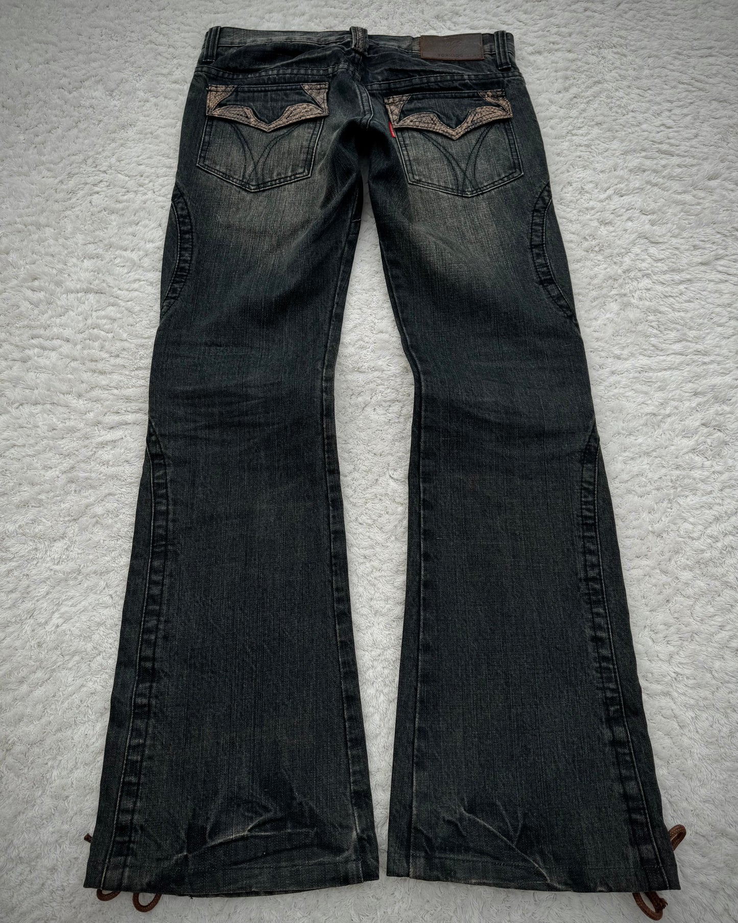 Tornado Mart Mud Washed Python Detailed Lace Up Flared Jeans