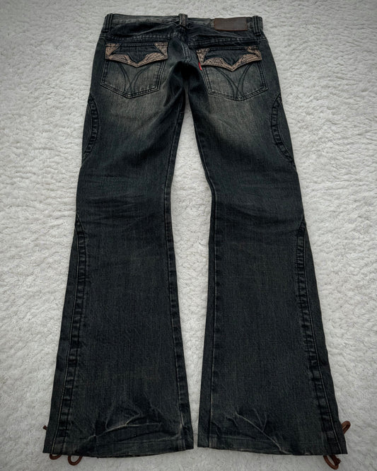 Tornado Mart Mud Washed Python Detailed Lace Up Flared Jeans