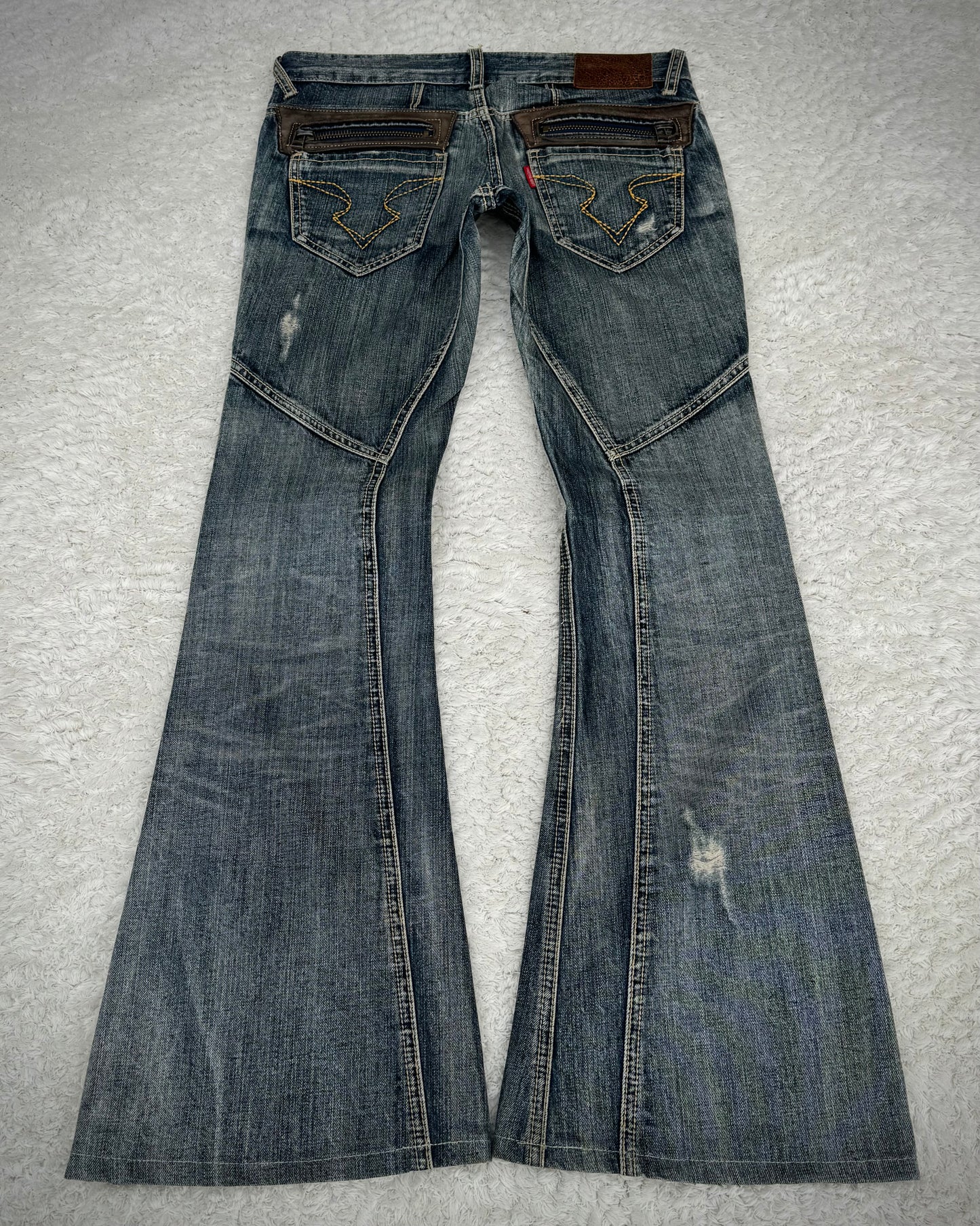 Tornado Mart Leather Detailed Paneled Construction Flared Jeans