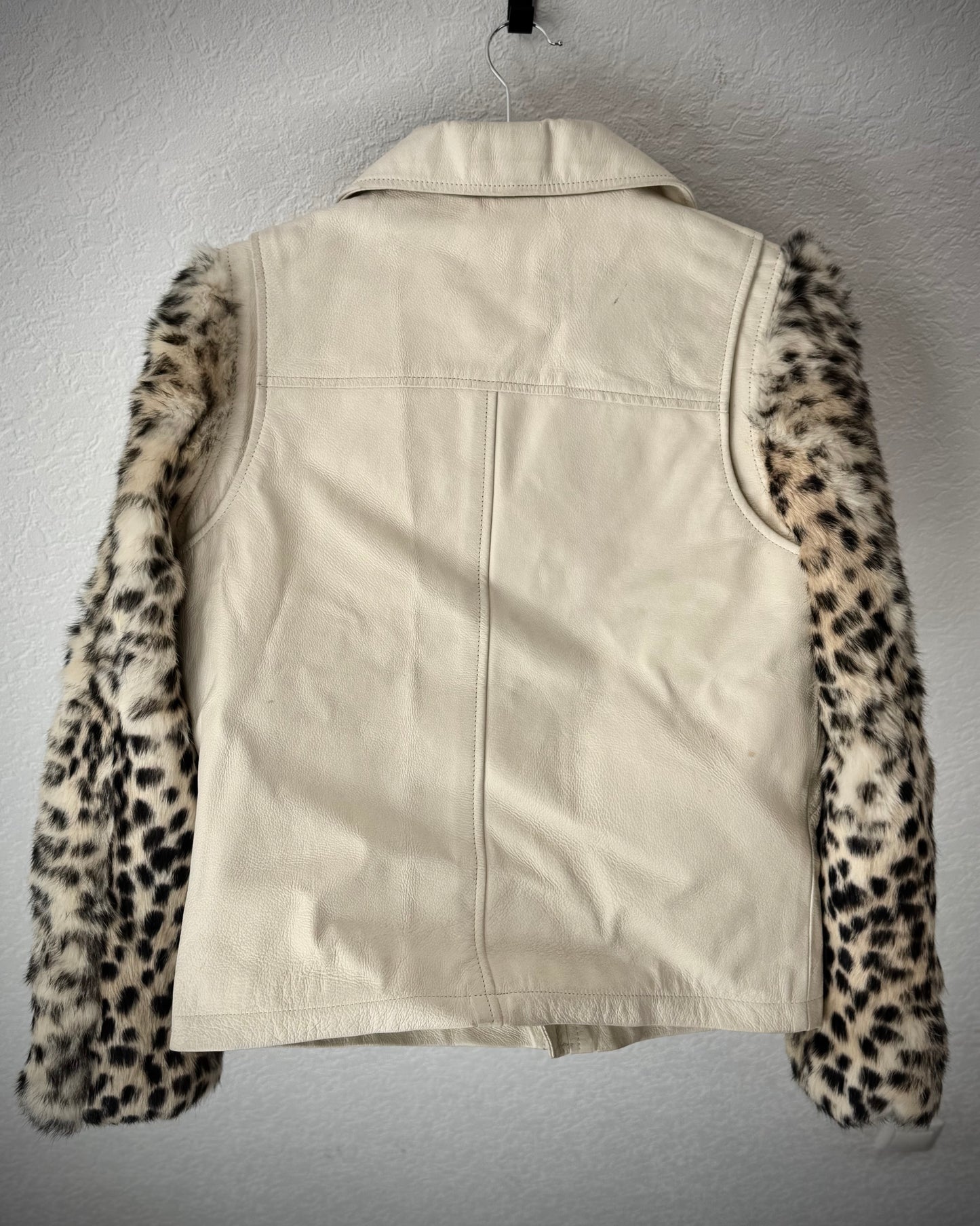Beams Boy Leopard Dyed Rabbit Fur Sleeves Leather Jacket