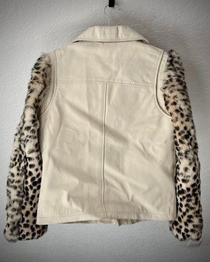Beams Boy Leopard Dyed Rabbit Fur Sleeves Leather Jacket
