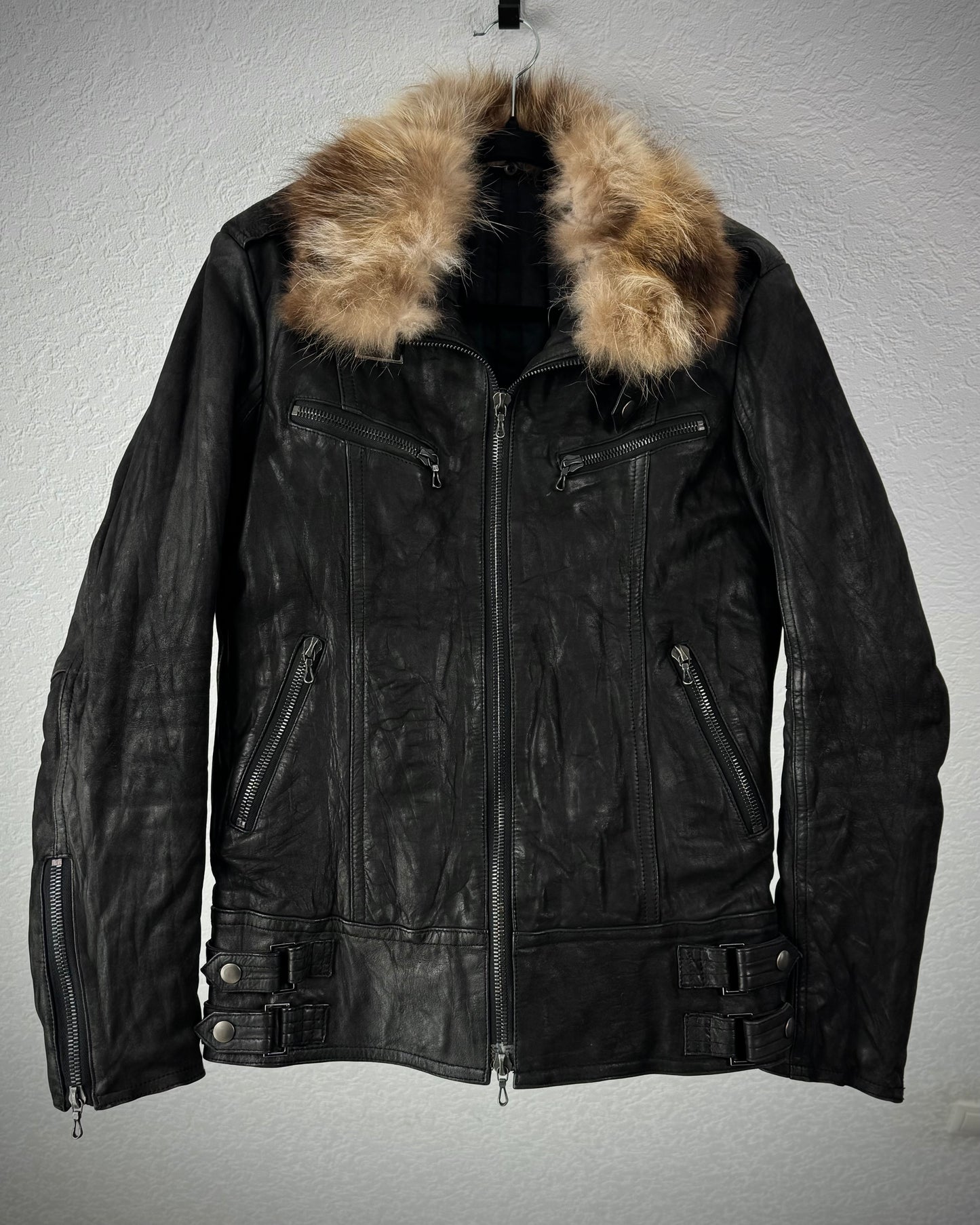 Shellac Fur Collar Textured Leather Jacket