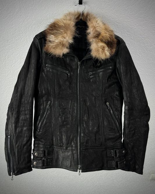 Shellac Fur Collar Textured Leather Jacket