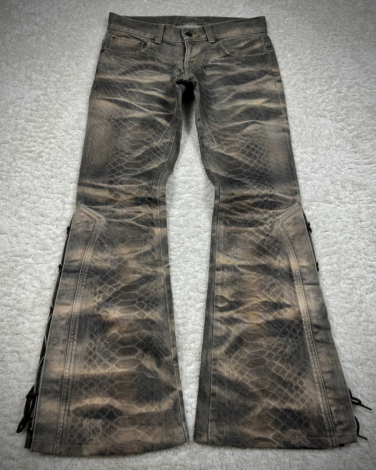 Tornado Mart Python Waxed Lace Up Flared Jeans
