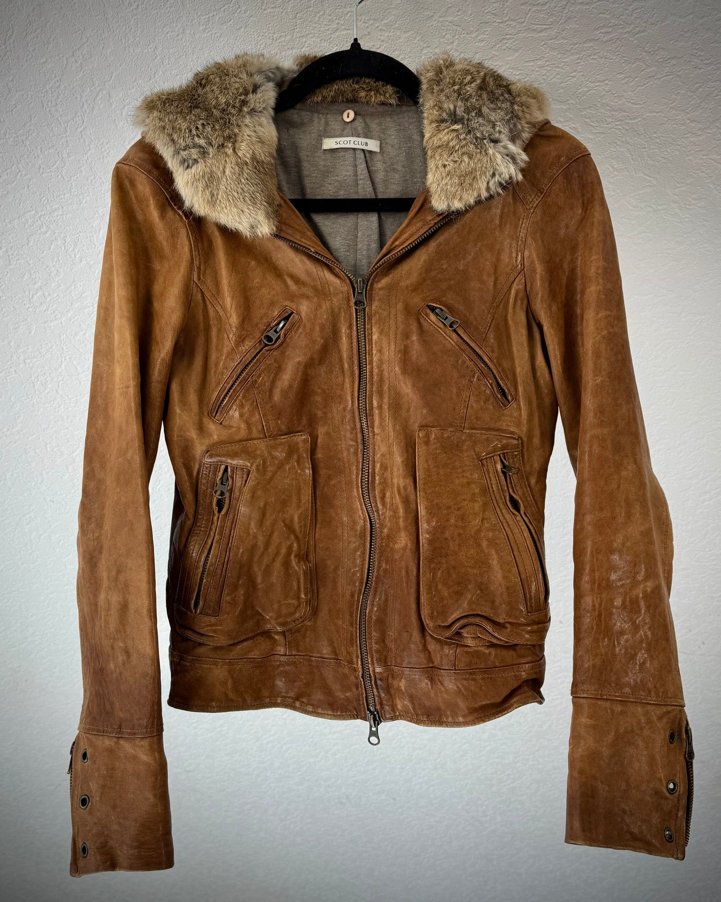 Scot Club Rabbit Fur Hooded Leather Jacket